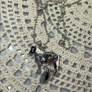 enameled Horse Pendant & aquamarine, garnet & glass horseshoe. Necklace